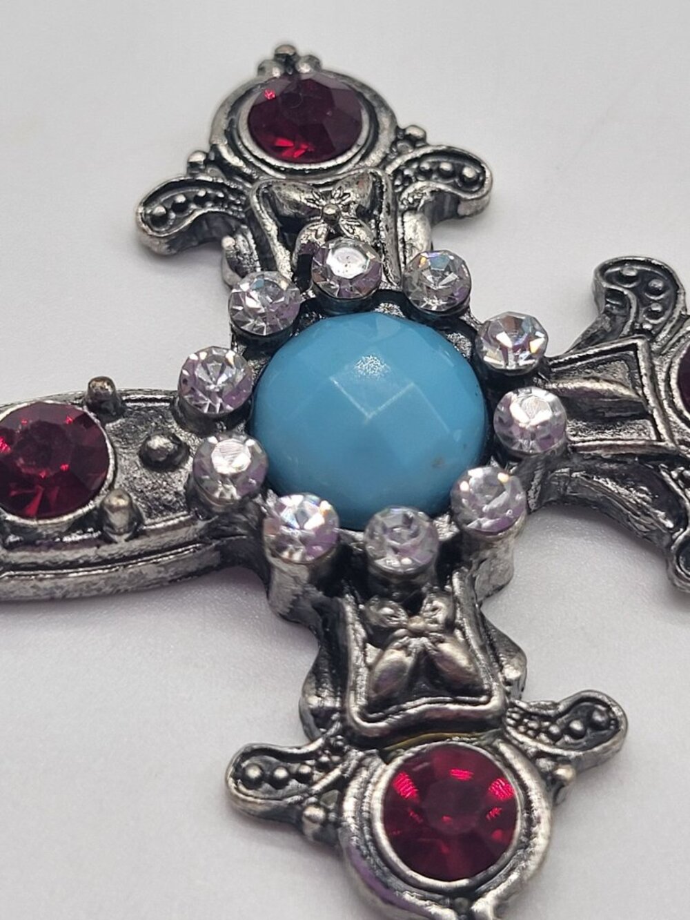 Silver Tone Cross Pendant Red Blue Clear Decorated Religious Spiritual Ornate - Picture 2 of 5